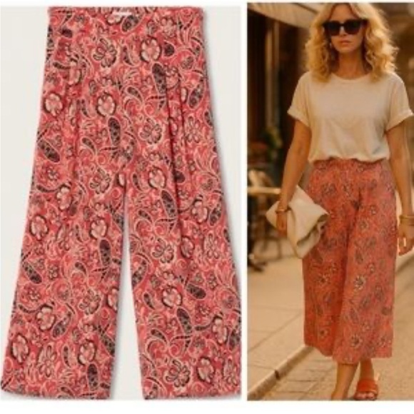 Mango Pants - Mango MNG Paisley Wide-Leg Elastic Waist Ankle Pants sz S